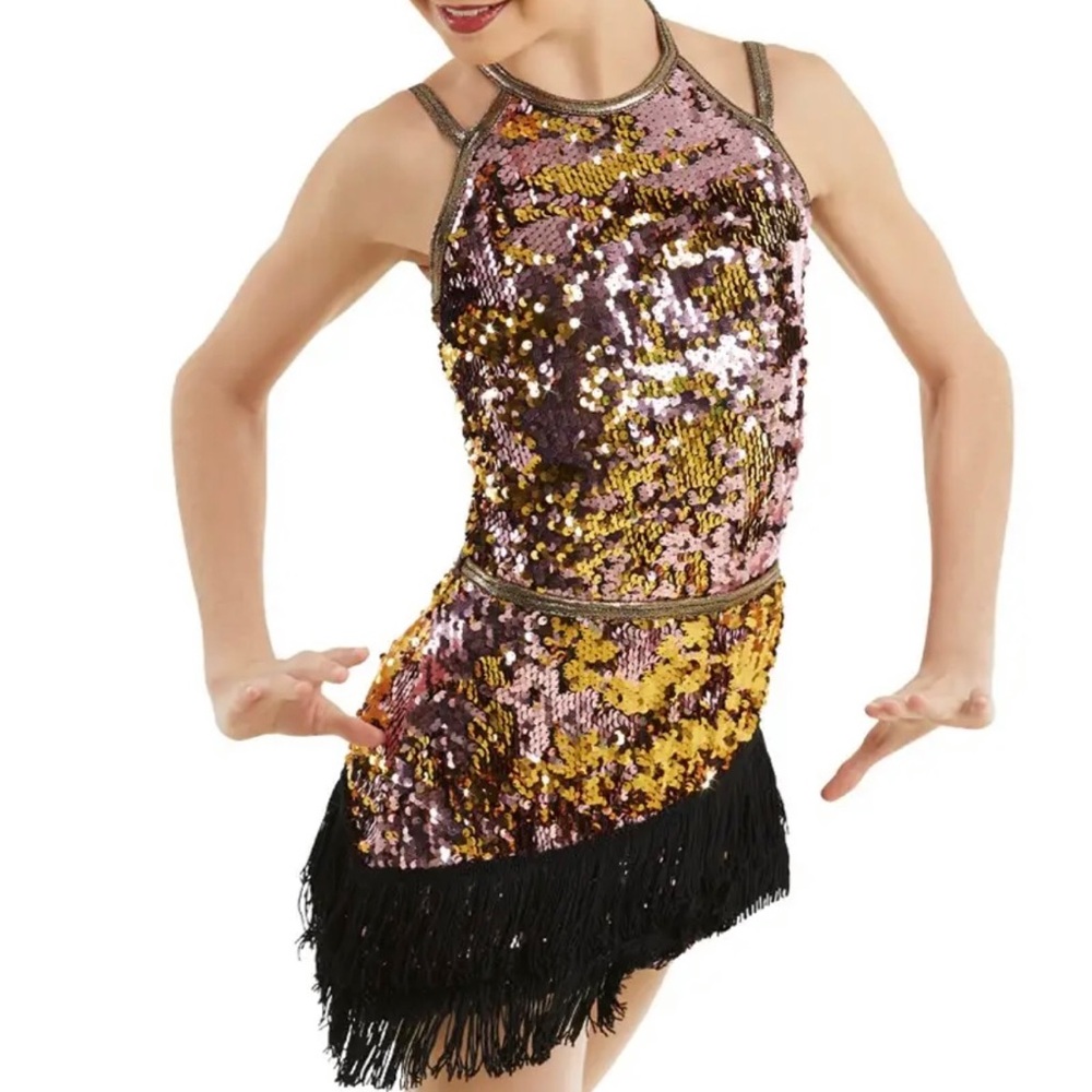Weissman Pink & Gold Sequin Three Piece Two-Way Dance Costume